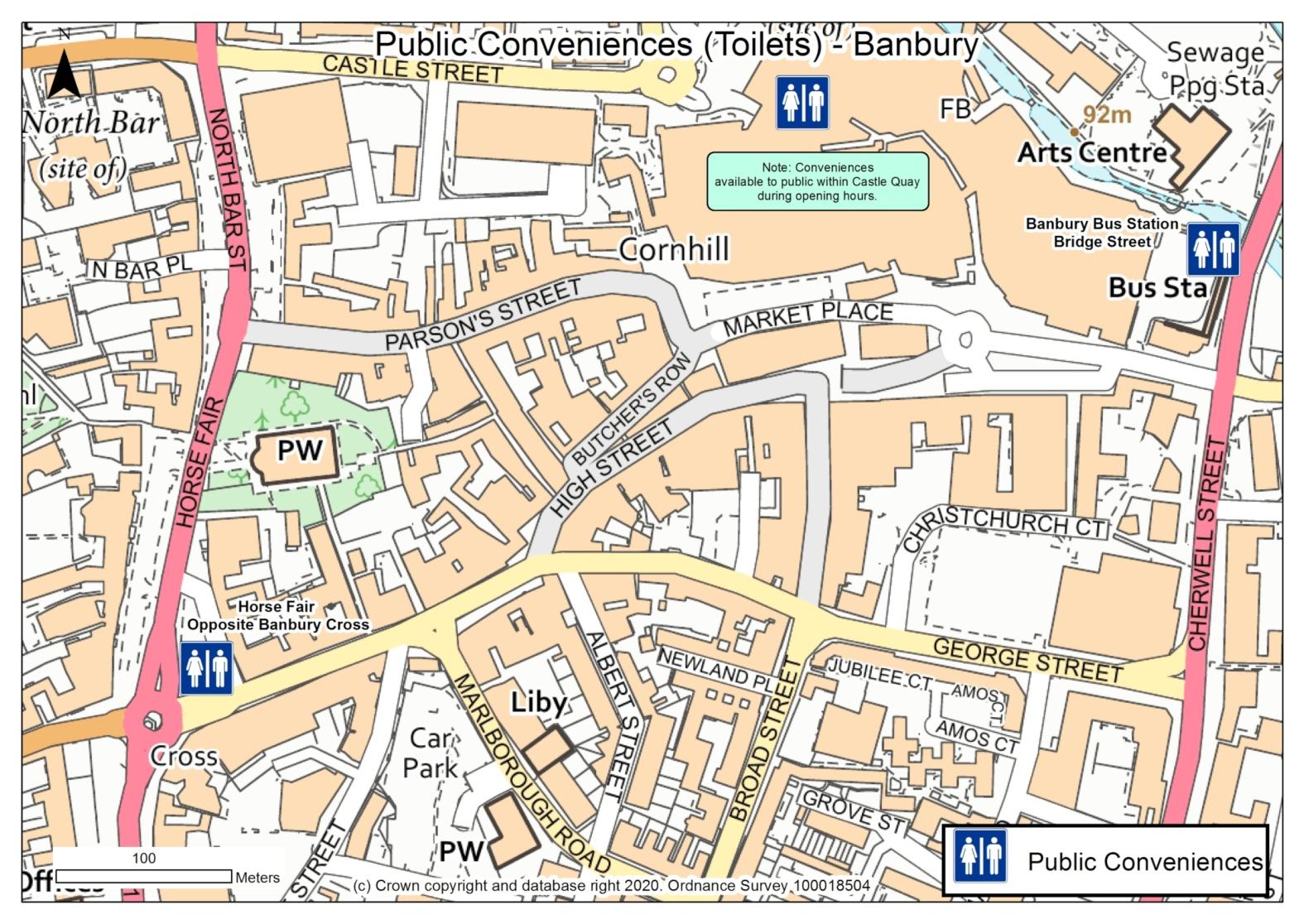 Map of Banbury Town centre showing location of public toilets