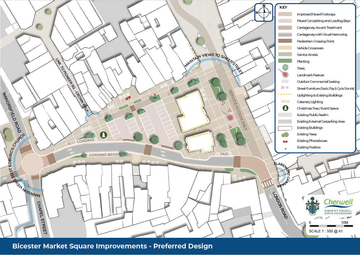 A detailed map of Bicester Market Square detailing major changes