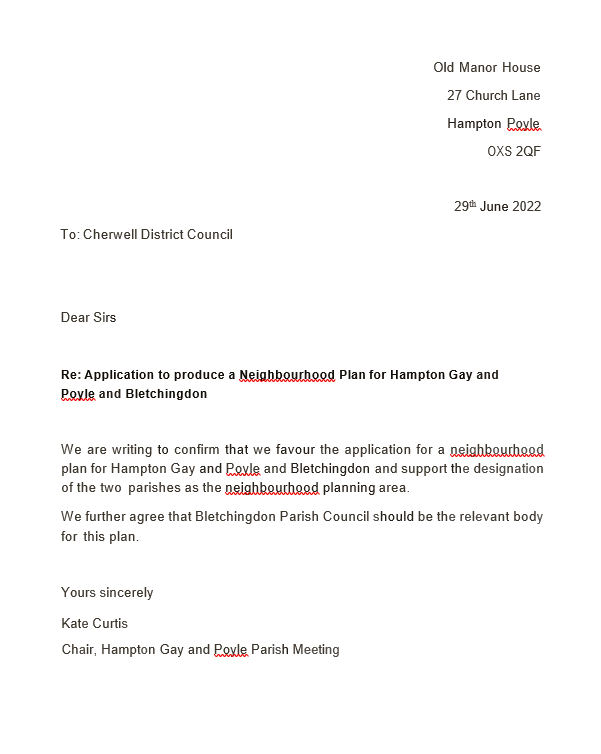 A letter from Hampton Gay and Poyle Parish Meeting confirming they are in favour of the application for a neighbourhood plan for Hampton Gay and Poyle and Bletchingdon.