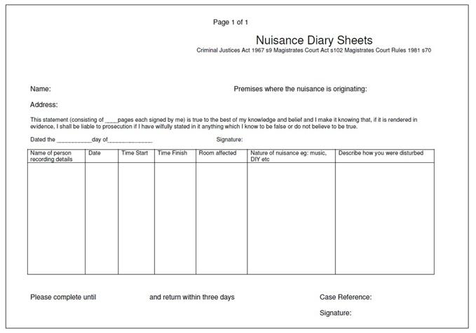 Example of a nuisance diary sheet capturing personal details name, address and record of events