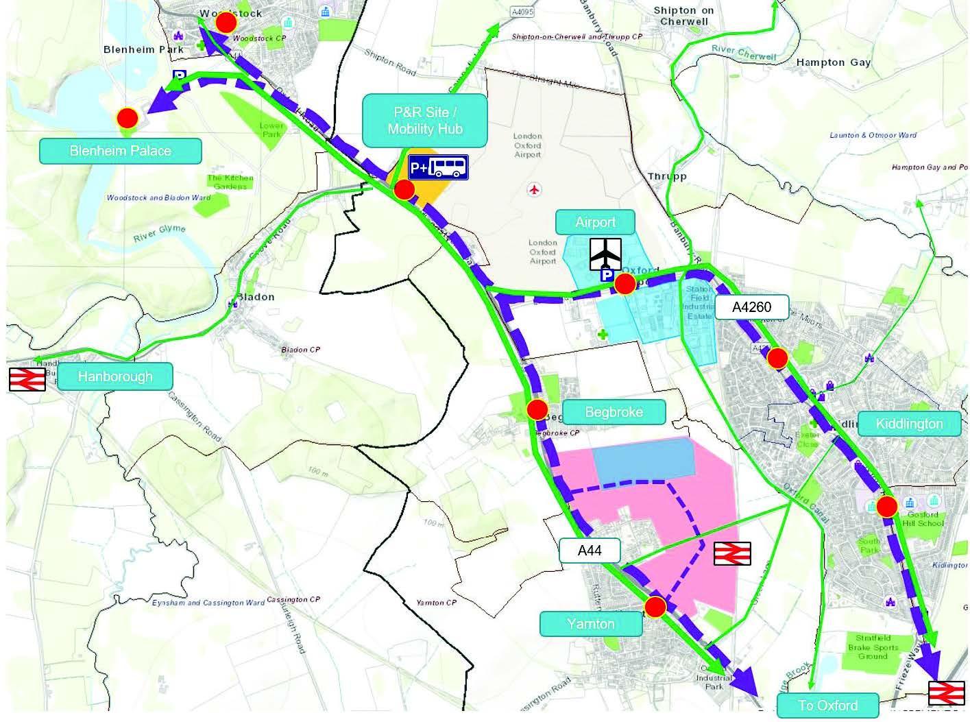 Figure 8 mobility hub detailing transport links around Kidlington area.  If you need help with this map please contact planning policy