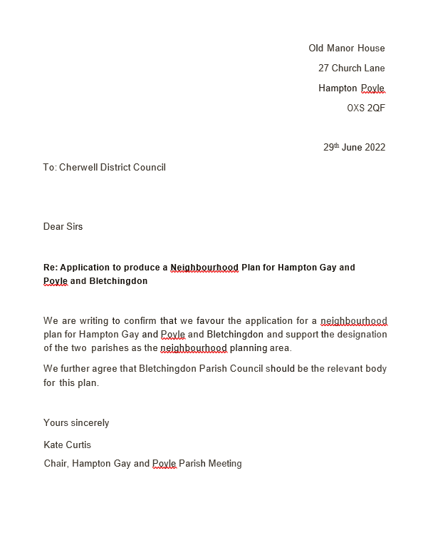 Image of letter in favour of neighbourhood plan application from kate curtis chair of hampton gay and poyle parish meeting