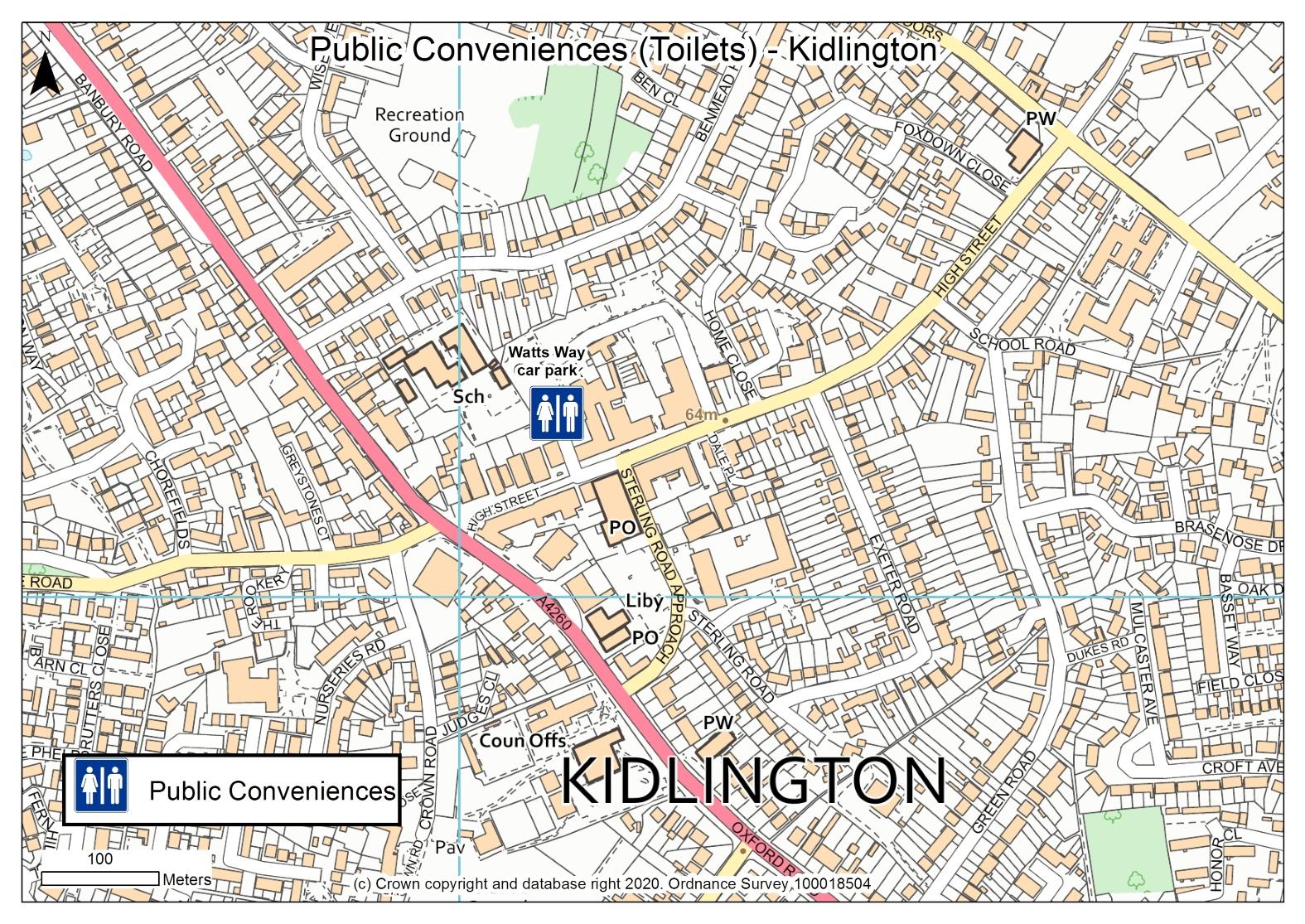 Map of Kidlington showing location of public toilets