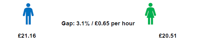 Mean: percentage difference and average hourly rate of pay
Male &pound;21.16 Female &pound;20.51
Gap 3.1% &pound;0.65 per hour