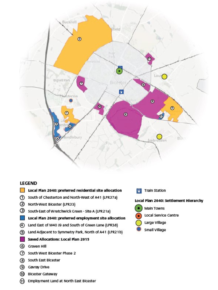 Bicester Area Strategy Map detailing site allocation locations, main towns, villages and service centres