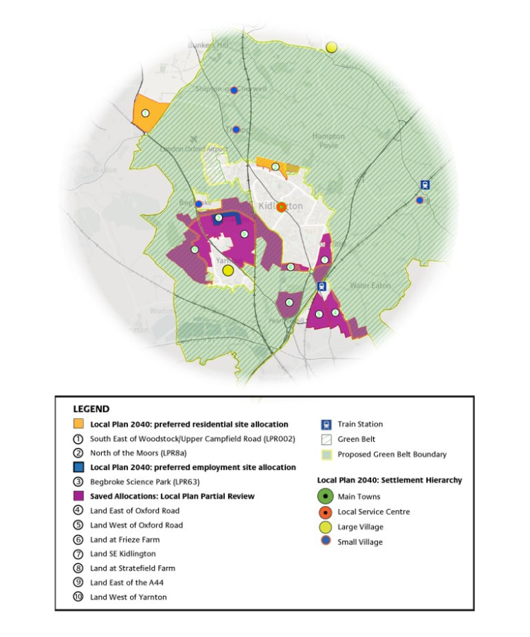Kidlington Area Strategy Map detailing key sites, settlement hierarchy and saved allocations