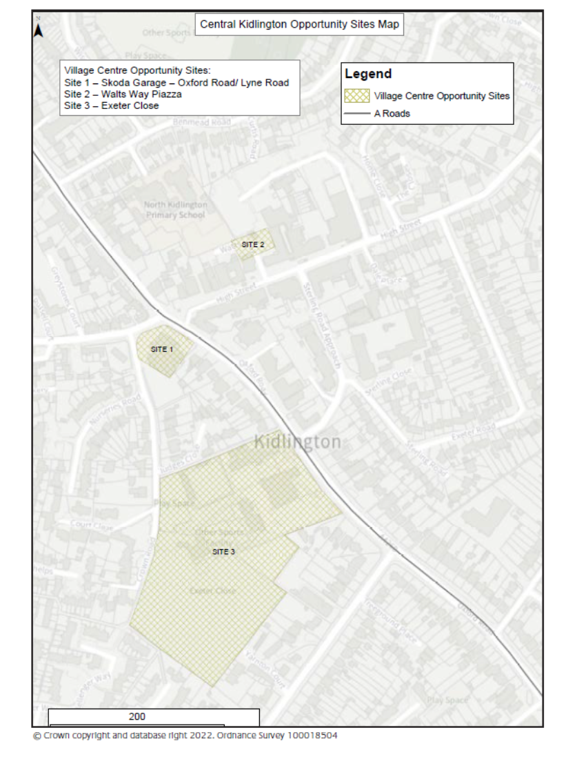 Kidlington Town Centre - Areas of change. Map denotes opportunity sites 1/ Skoda garage, 2 Walts Way Piazza, 3 Exeter Close.
