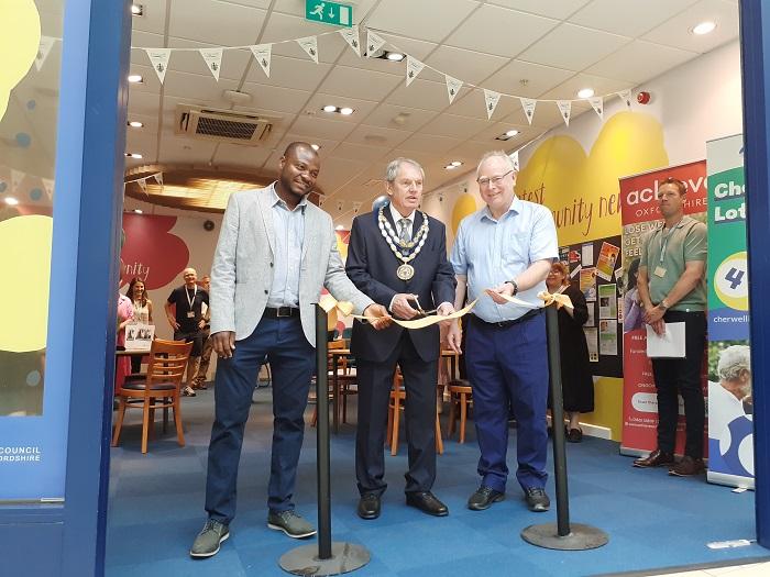 Ribbon cutting with Councillor Dr Chukwudi Okeke, ward member for Banbury Cross and Neithrop; Councillor Les Sibley, Chairman of Cherwell District Council; and Councillor Phil Chapman, Portfolio Holder for Healthy Communities.