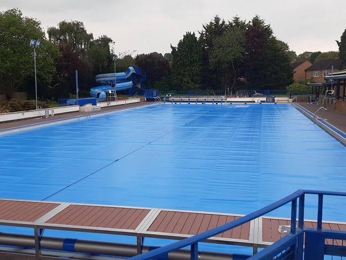 The outdoor pool at Woodgreen leisure centre with its new pool covers