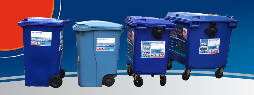 4 commercial recycling bins of different sizes