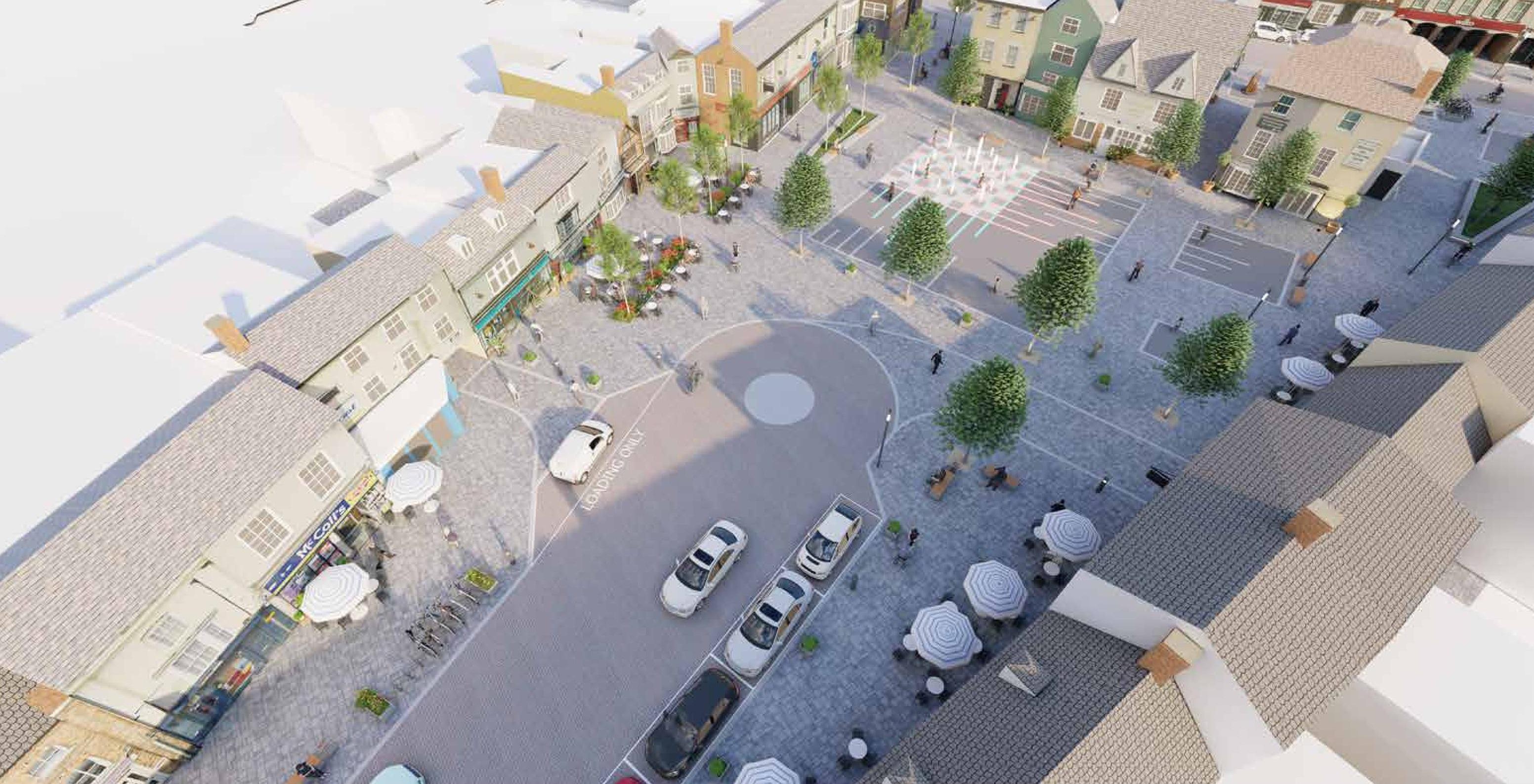 An aerial view of what the transformed Bicester Market Square could look like